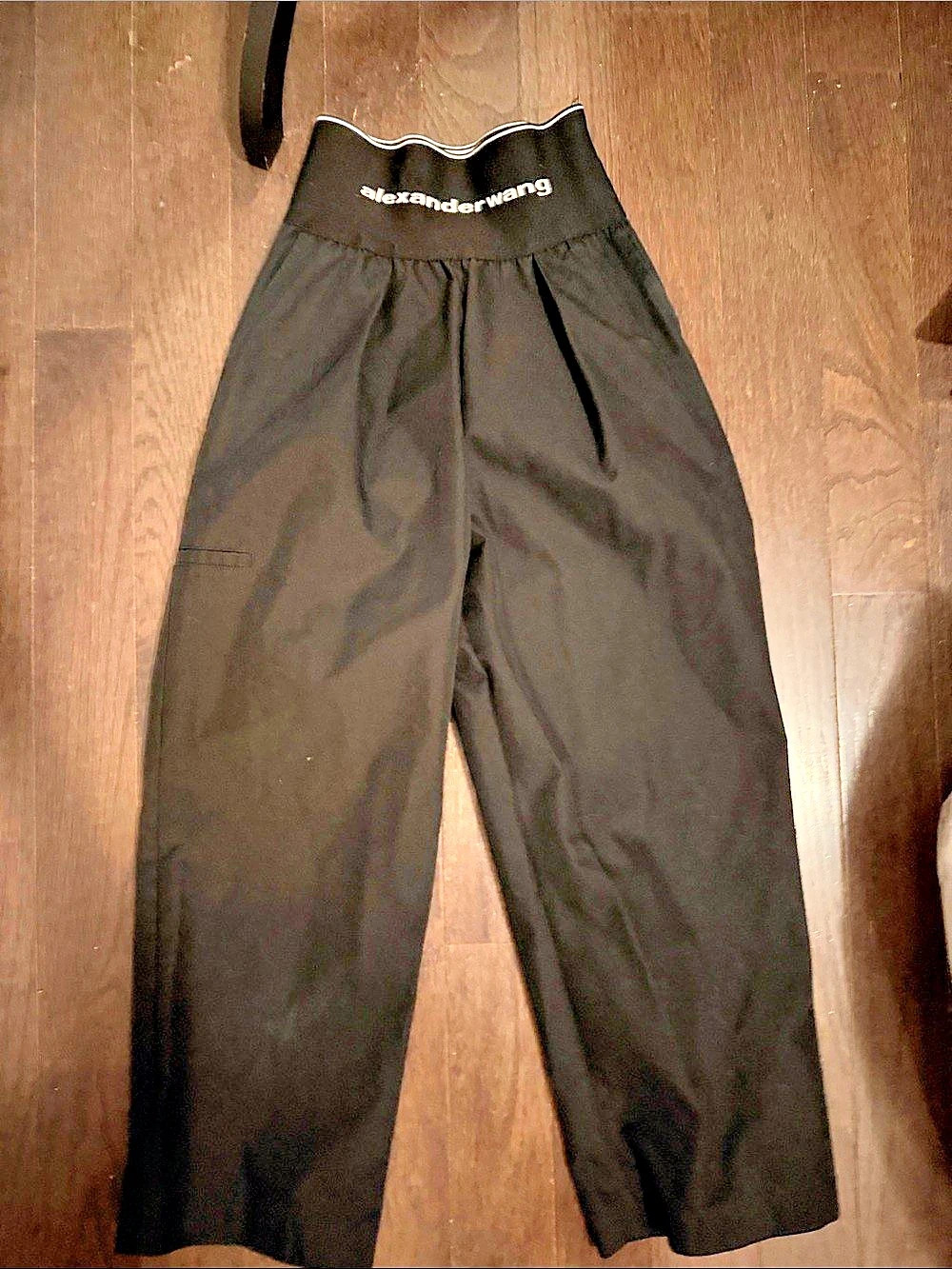 Alexander Wang Mid-Rise Pleated Wide-Leg Pant with Logo Elastic Waist Pants